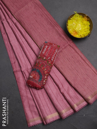 Matka silk saree mauve pink and pink shade with allover stripe pattern and zari woven border