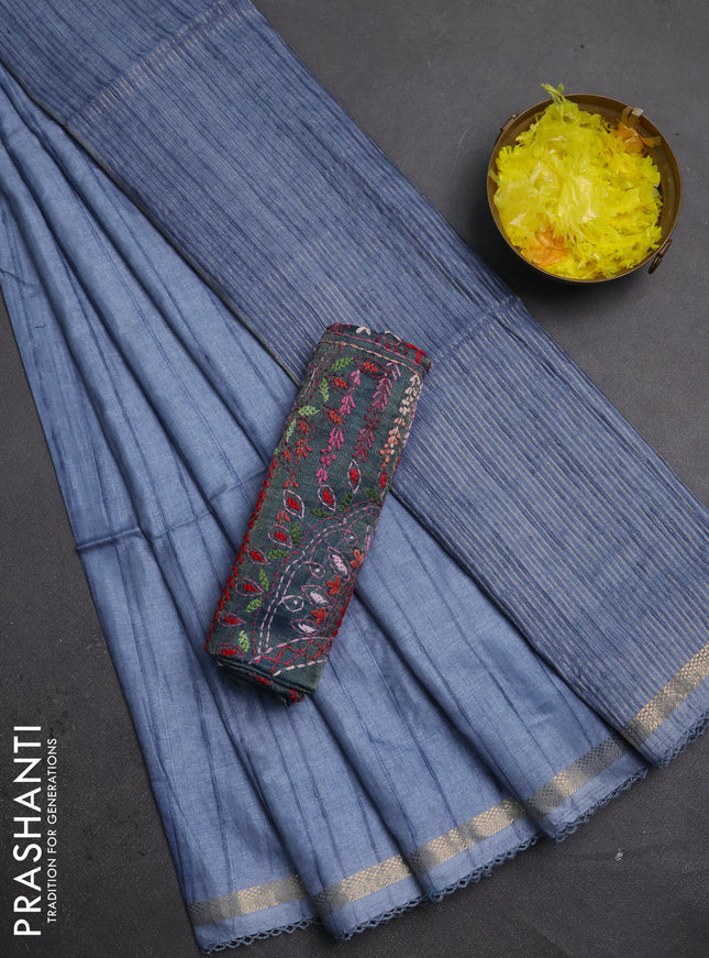 Makta silk saree bluish grey and peacock blue with allover stripe pattern and zari woven border