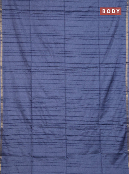 Makta silk saree bluish grey and peacock blue with allover stripe pattern and zari woven border