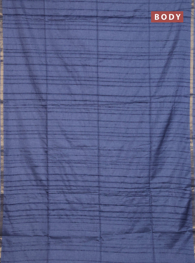 Makta silk saree bluish grey and peacock blue with allover stripe pattern and zari woven border