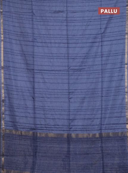 Makta silk saree bluish grey and peacock blue with allover stripe pattern and zari woven border