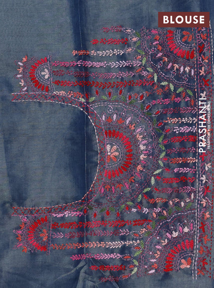 Makta silk saree bluish grey and peacock blue with allover stripe pattern and zari woven border