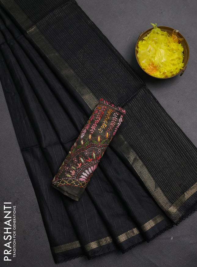 Makta silk saree black with allover stripe pattern and zari woven border