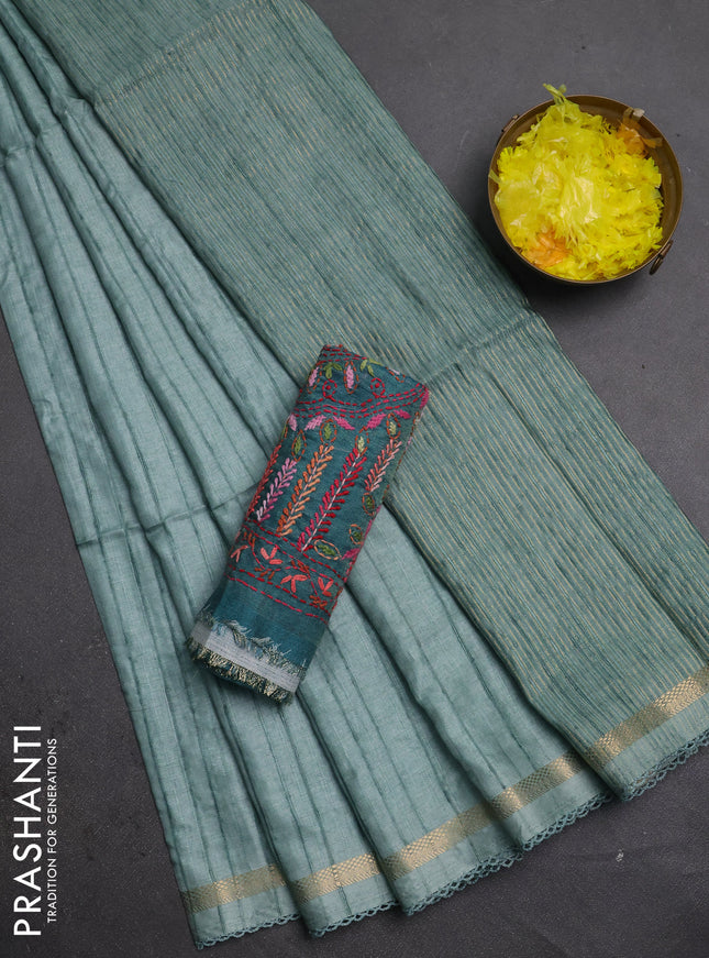 Makta silk saree teal green and peacock green with allover stripe pattern and zari woven border