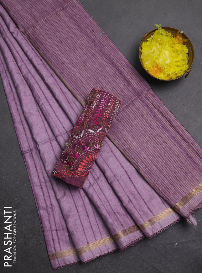 Makta silk saree lavender and purple with allover stripe pattern and zari woven border