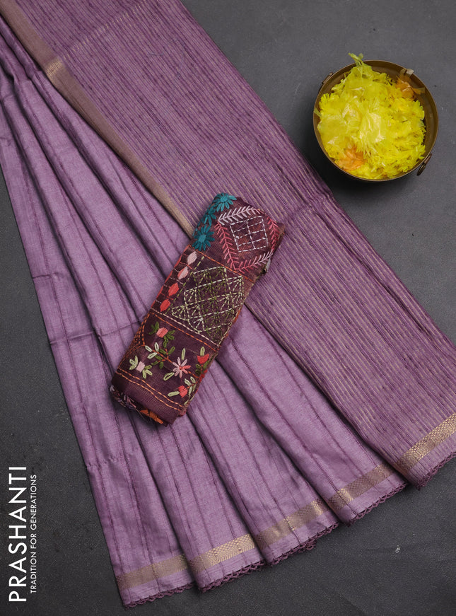 Makta silk saree pastel purple and wine shade with allover stripe pattern and zari woven border