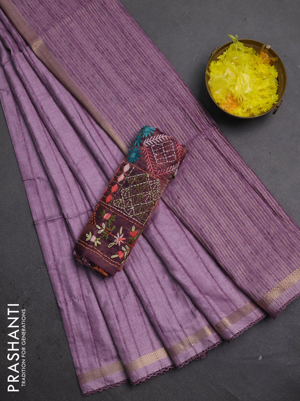 Matka silk saree pastel purple and wine shade with allover stripe pattern and zari woven border