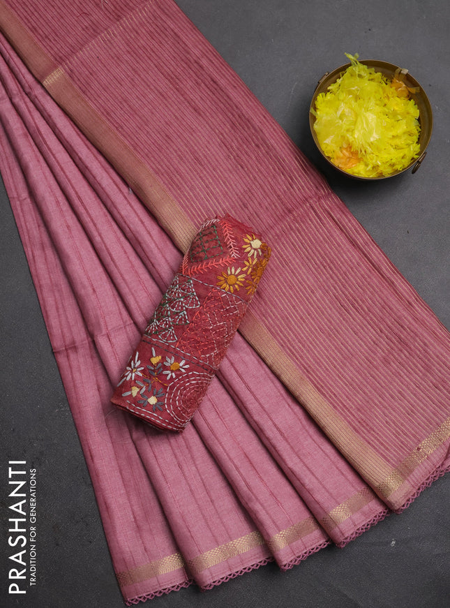 Makta silk saree mauve pink and pink with allover stripe pattern and zari woven border