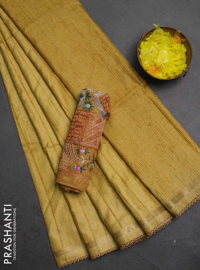 Makta silk saree mustard shade with allover stripe pattern and zari woven border