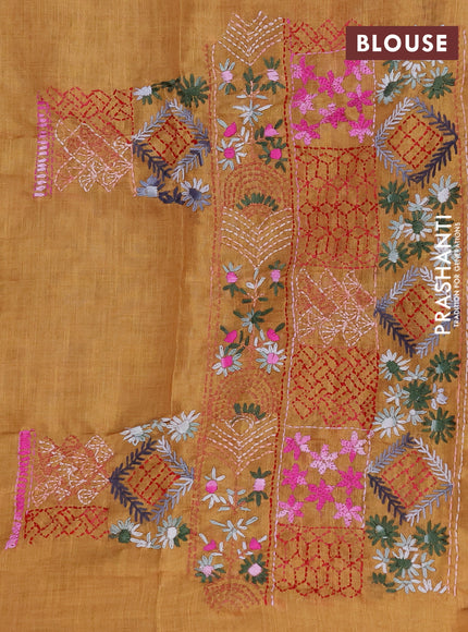Makta silk saree mustard shade with allover stripe pattern and zari woven border