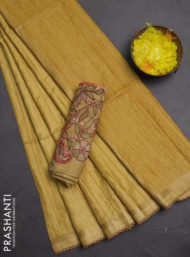 Makta silk saree mustard shade with allover stripe pattern and zari woven border