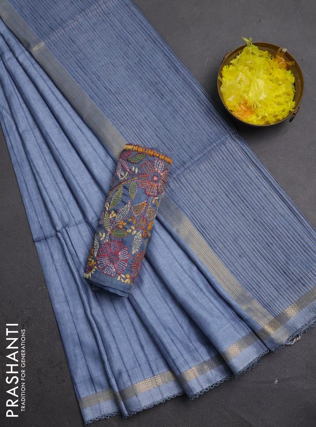 Makta silk saree bluish grey with allover stripe pattern and zari woven border