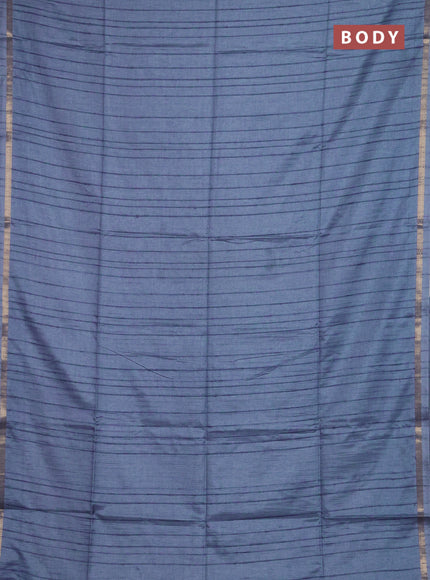 Makta silk saree bluish grey with allover stripe pattern and zari woven border