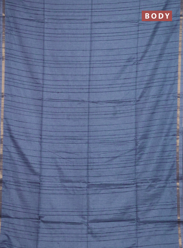 Makta silk saree bluish grey with allover stripe pattern and zari woven border