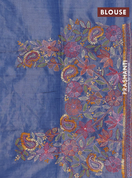 Makta silk saree bluish grey with allover stripe pattern and zari woven border