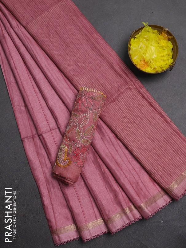 Matka silk saree mauve pink with allover stripe pattern and zari woven border