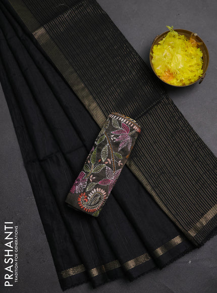 Makta silk saree black with allover stripe pattern and zari woven border