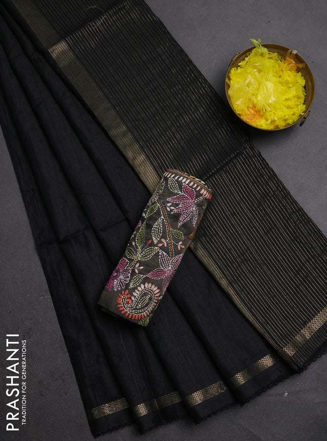 Makta silk saree black with allover stripe pattern and zari woven border