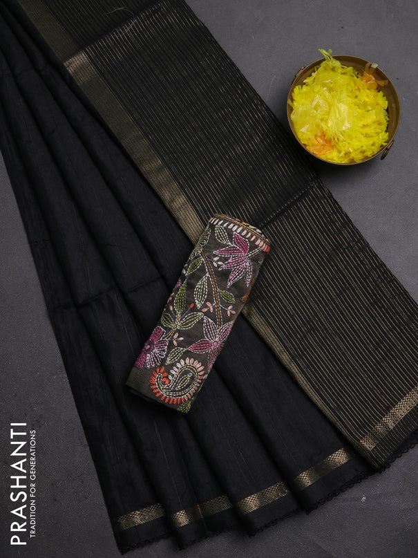 Matka silk saree black with allover stripe pattern and zari woven border