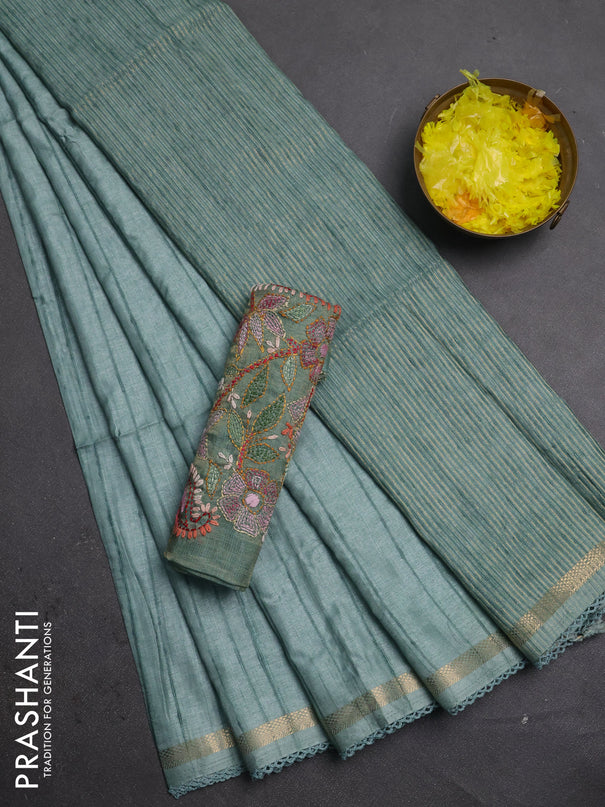 Matka silk saree teal green with allover stripe pattern and zari woven border