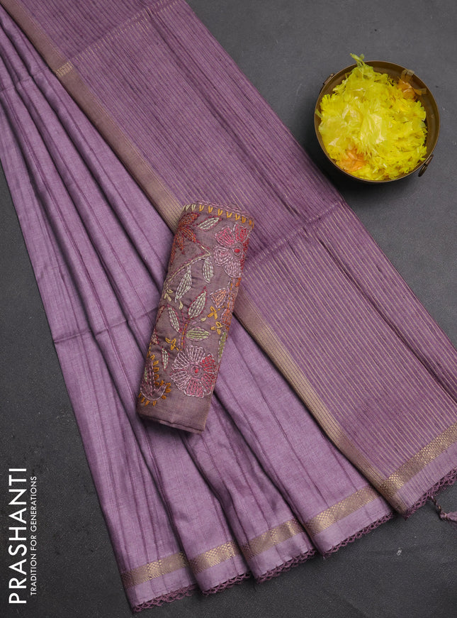 Makta silk saree lavender with allover stripe pattern and zari woven border