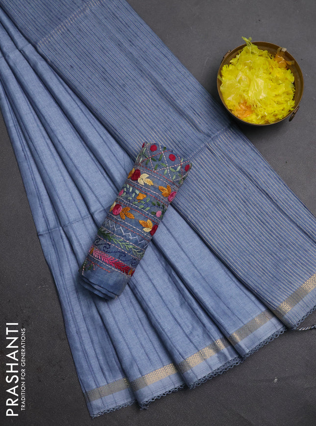 Makta silk saree bluish grey with allover stripe pattern and zari woven border