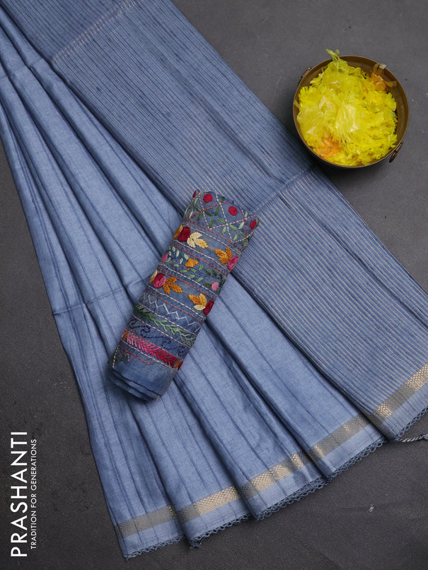 Matka silk saree bluish grey with allover stripe pattern and zari woven border