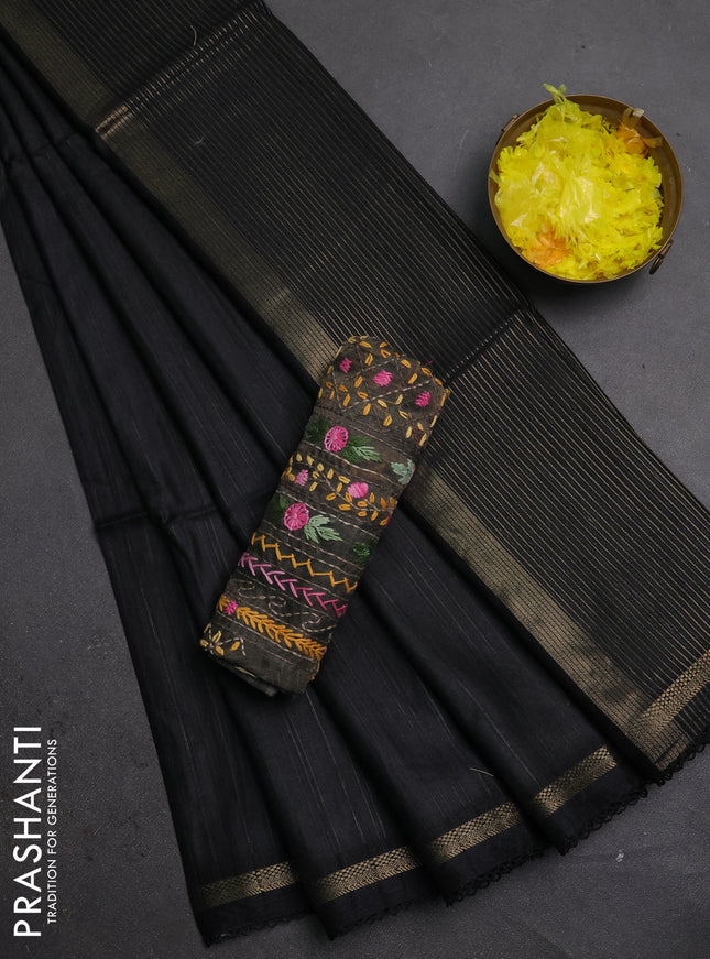 Makta silk saree black with allover stripe pattern and zari woven border