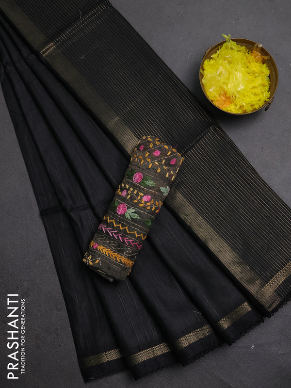 Makta silk saree black with allover stripe pattern and zari woven border