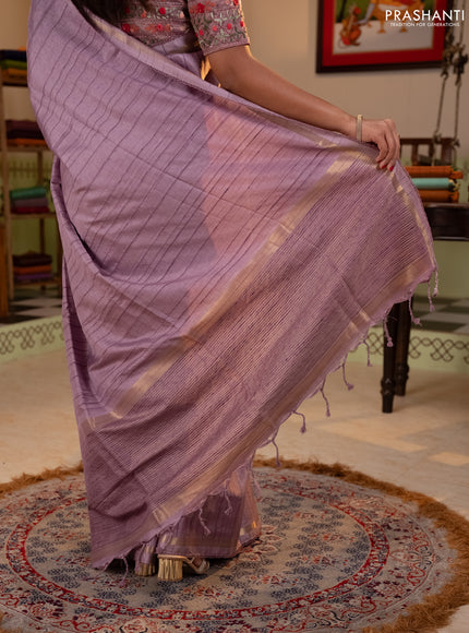 Matka silk saree lavender with allover stripe pattern and zari woven border