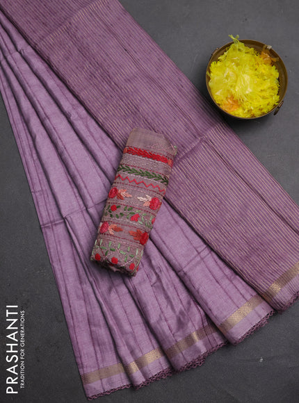 Makta silk saree lavender with allover stripe pattern and zari woven border