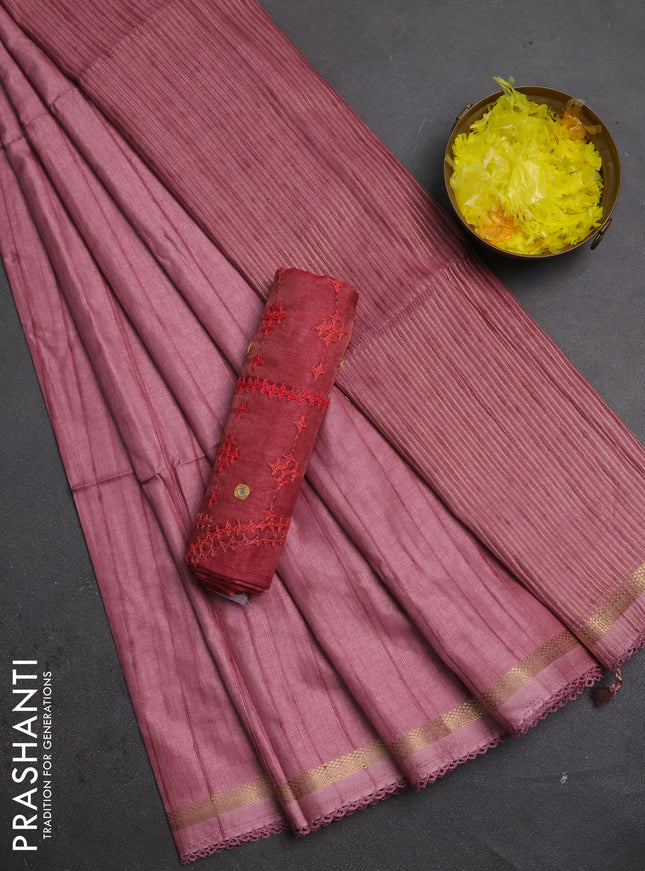 Makta silk saree mauve pink and pink with allover stripe pattern and zari woven border