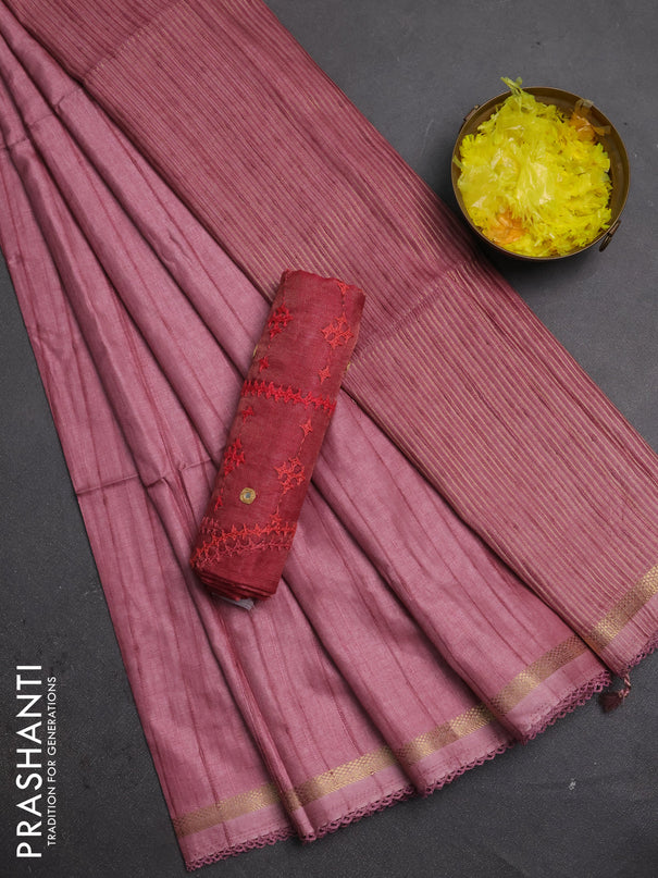 Matka silk saree mauve pink and pink with allover stripe pattern and zari woven border
