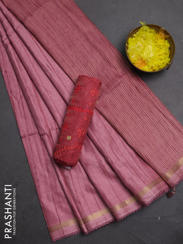 Makta silk saree mauve pink and pink with allover stripe pattern and zari woven border