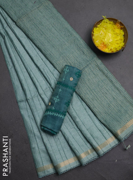 Makta silk saree teal green and peacock green with allover stripe pattern and zari woven border