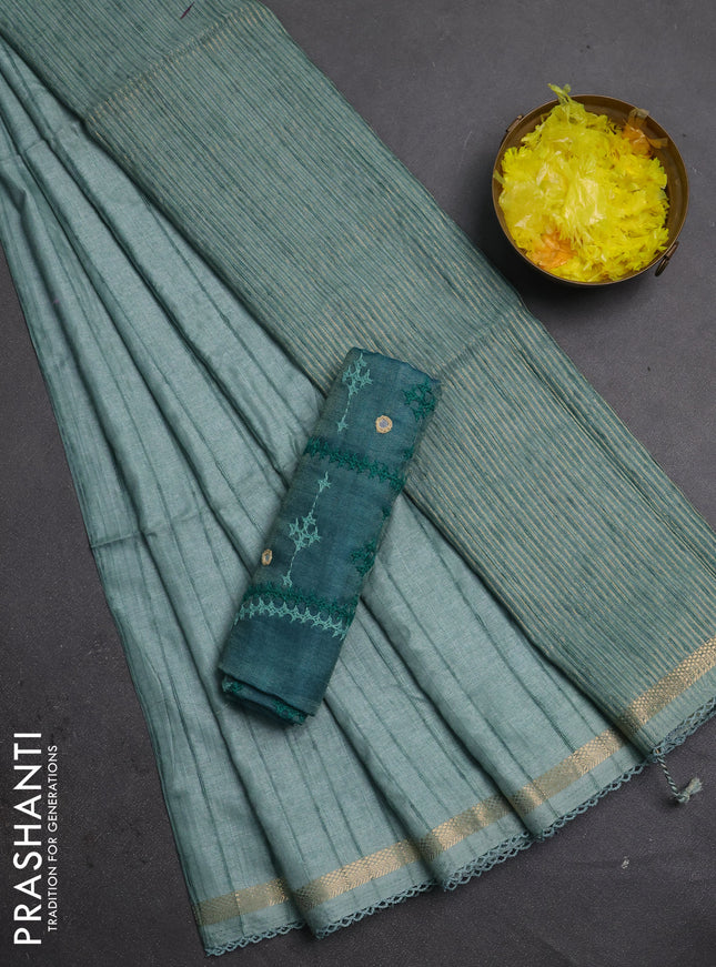 Makta silk saree teal green and peacock green with allover stripe pattern and zari woven border