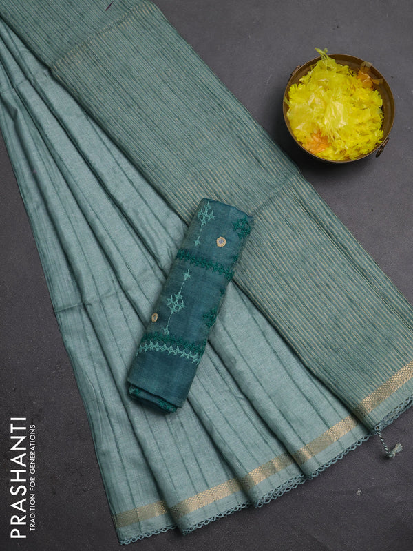 Makta silk saree teal green and peacock green with allover stripe pattern and zari woven border