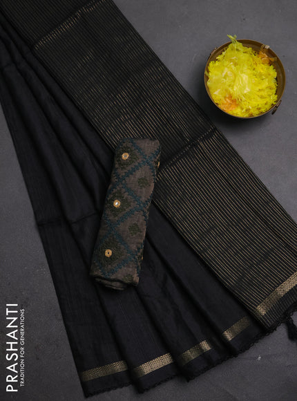 Makta silk saree black and elephant grey with allover stripe pattern and zari woven border