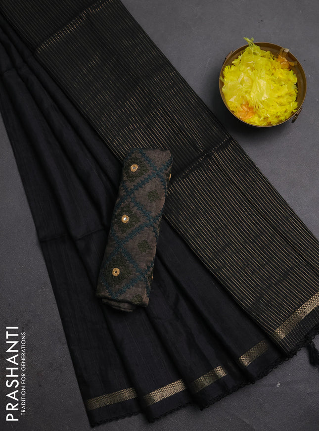Makta silk saree black and elephant grey with allover stripe pattern and zari woven border