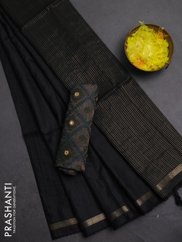 Makta silk saree black and elephant grey with allover stripe pattern and zari woven border