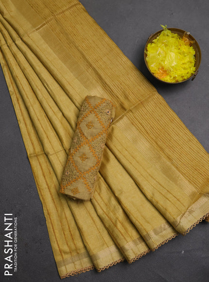 Makta silk saree mustard shade with allover stripe pattern and zari woven border