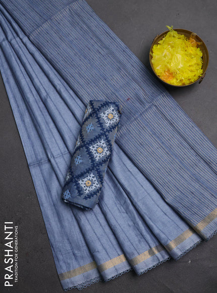Makta silk saree bluish grey and blue with allover stripe pattern and zari woven border