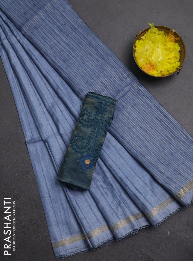 Makta silk saree bluish grey and peacock blue with allover stripe pattern and zari woven border