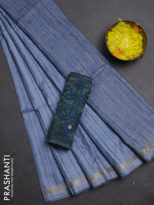 Makta silk saree bluish grey and peacock blue with allover stripe pattern and zari woven border