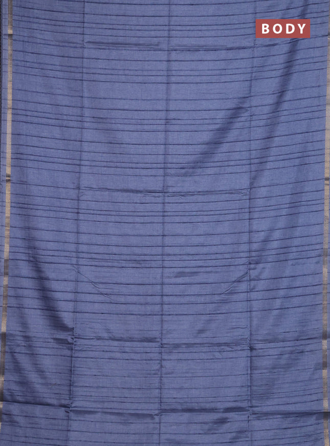 Makta silk saree bluish grey and peacock blue with allover stripe pattern and zari woven border