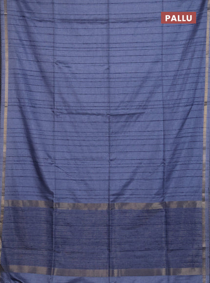 Makta silk saree bluish grey and peacock blue with allover stripe pattern and zari woven border