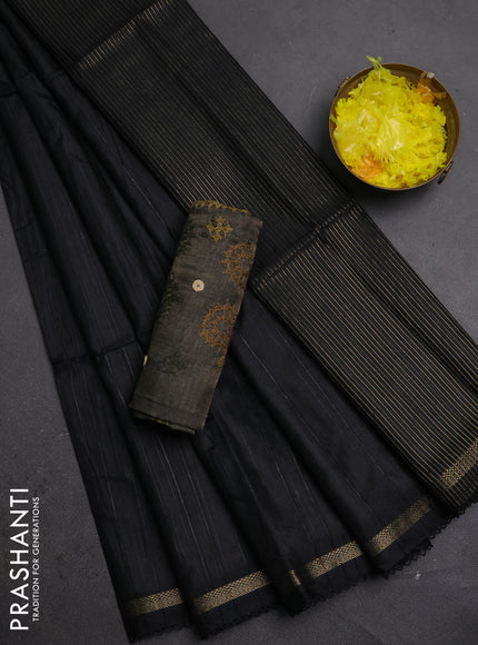 Makta silk saree black and elephant grey with allover stripe pattern and zari woven border
