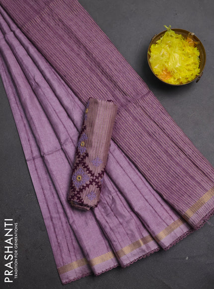 Makta silk saree pastel purple with allover stripe pattern and zari woven border