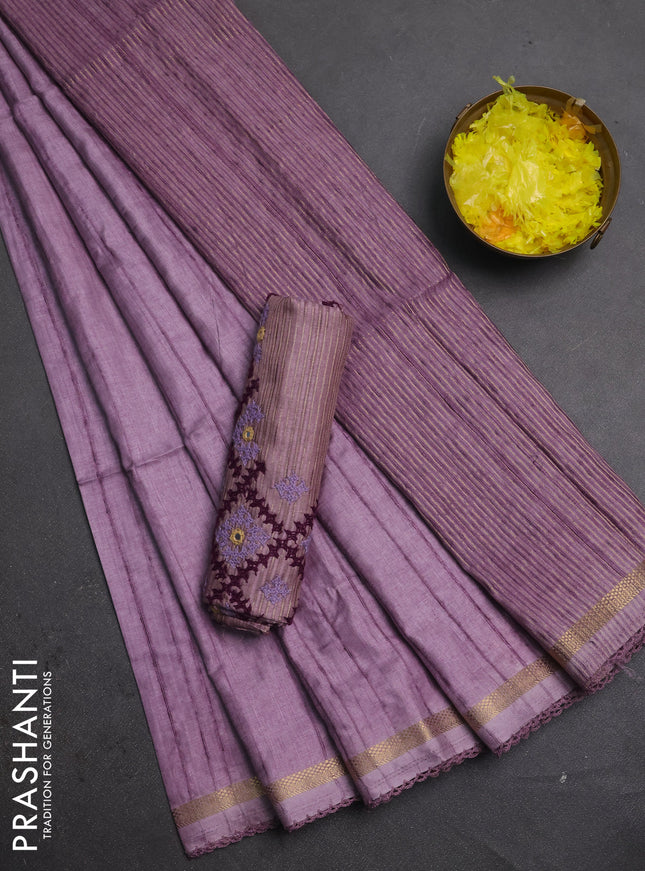 Makta silk saree pastel purple with allover stripe pattern and zari woven border