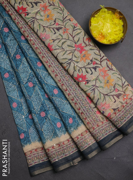 Semi linen saree teal blue and beige with allover bandhani prints & embroidery work and embroidery pallu & border